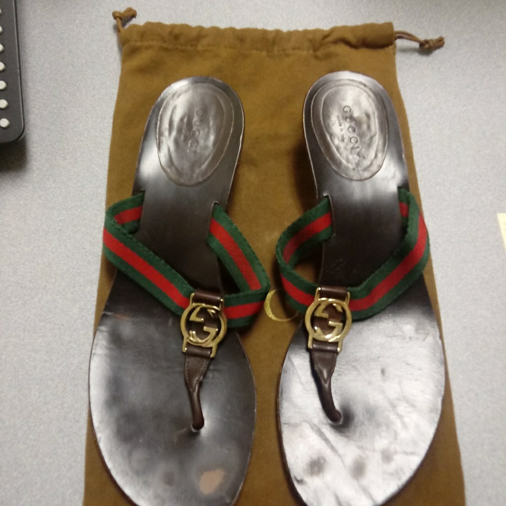 GUCCI BROWN Red/ Green Logo Sandals US 9.5